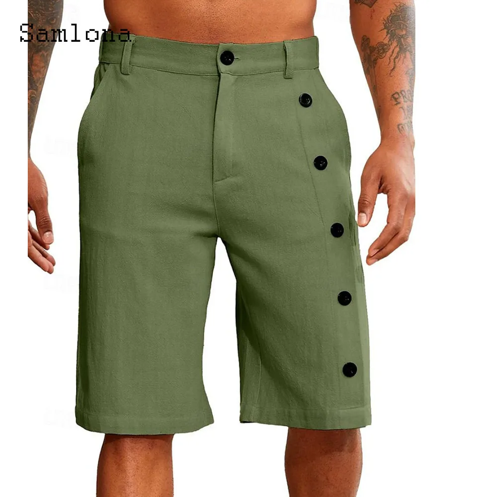 Plus Size Mens Vintage Stand Pocket Cotton Linen Shorts Male Casual Beach Half Pants Solid White Khaki Multi-buttons Shorts New