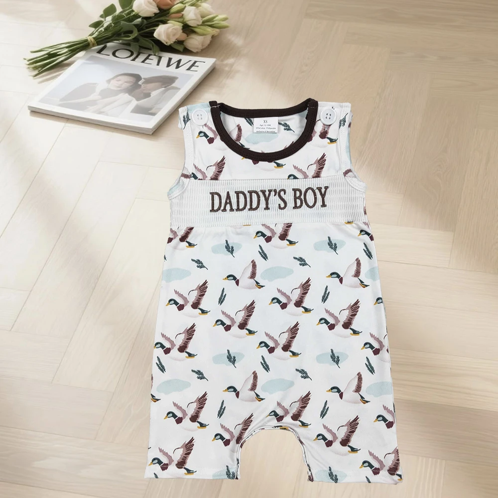 12.19 Baby Boys Rompers Smocked Daddy's Boy Baby Sleeveless Ducks Hunting Short Rompers