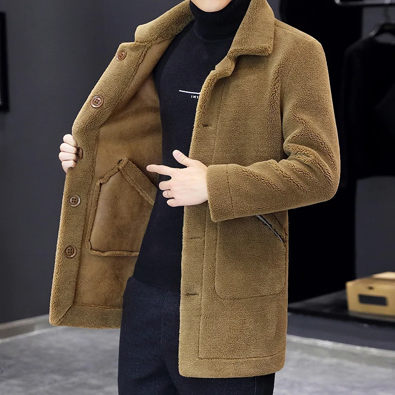 Casual Men's Plush Thicken Windbreaker Jackets Winter Outwear Double Side Wearable Warm Top Overcoat Mid-Length Fur Fleece Coats