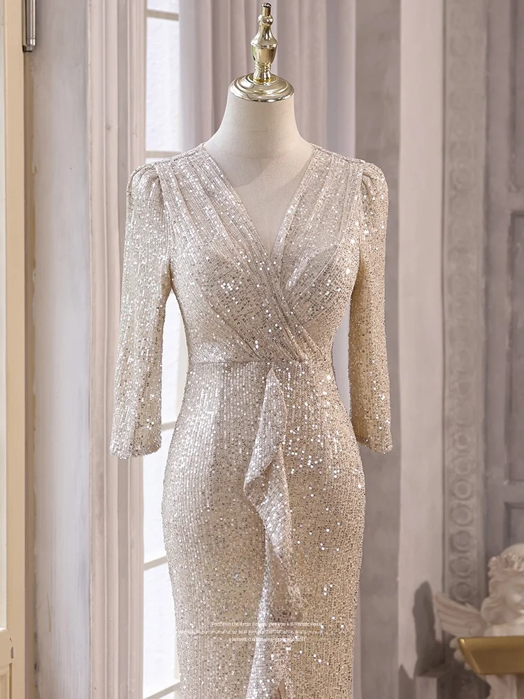 

Вечернее платье цвета шампань для женщин: элегантное, с V-образным вырезом, расшитое пайетками, высококачественное бальное платье для торжеств, роскошное нарядное платье для ведущей.
