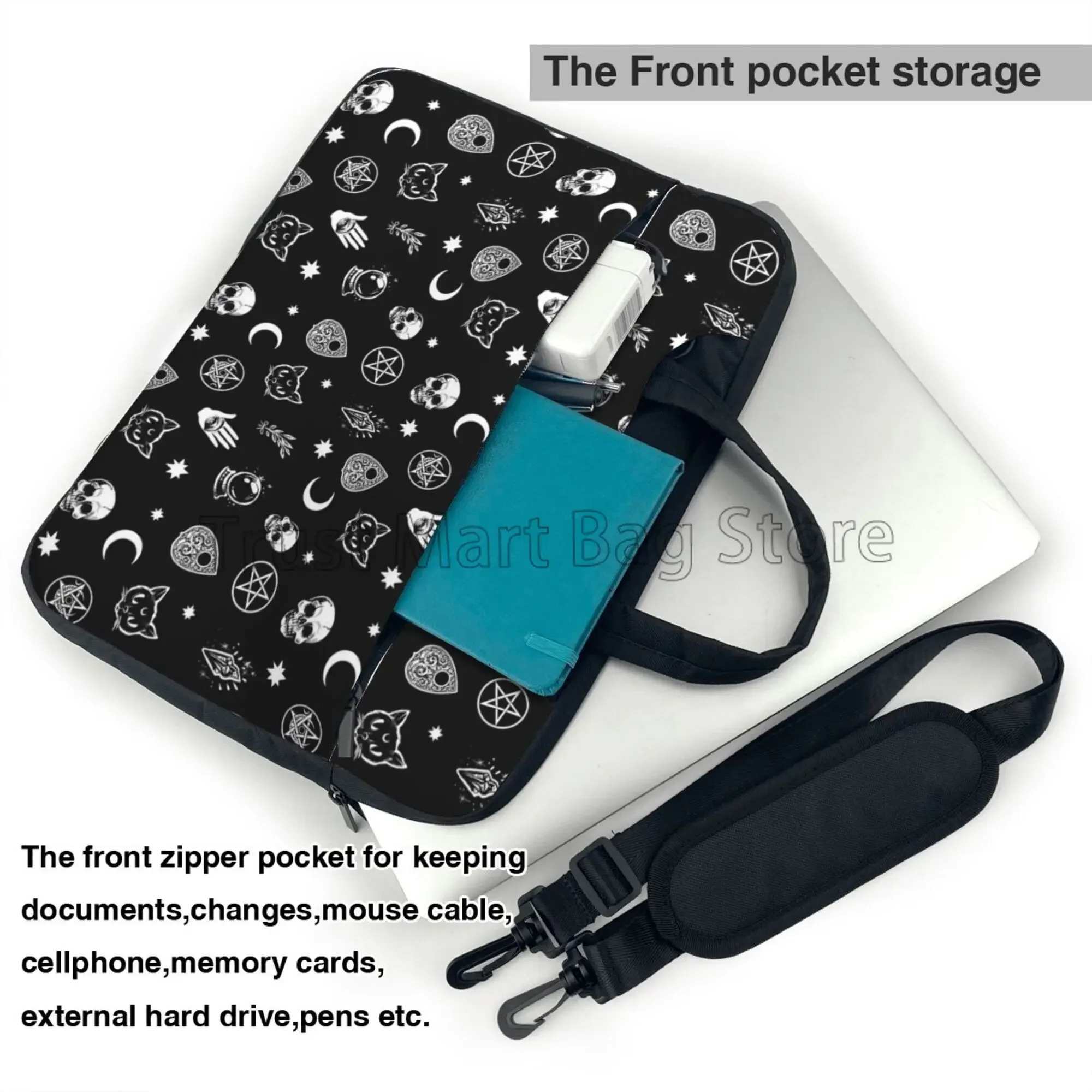 أسود الساحرة الجمجمة القمر العرافة حقيبة كتف للكمبيوتر المحمول كمبيوتر محمول ماك بوك نتبووك غطاء الكمبيوتر الحقيبة مع مقبض يناسب 13/14/15.6 بوصة