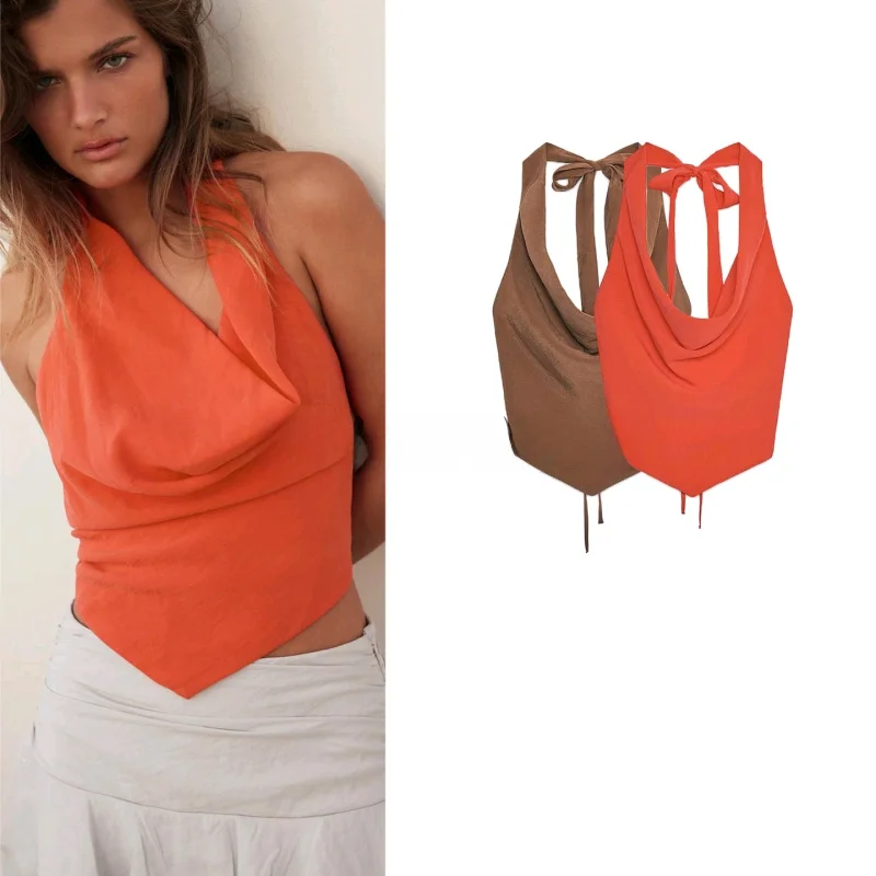 Novo Top de Verão F Sexy com Decoração de Laço Borboleta, Gola ter, Drapeado, em Fibra de Poliéster, Crimento Cu...