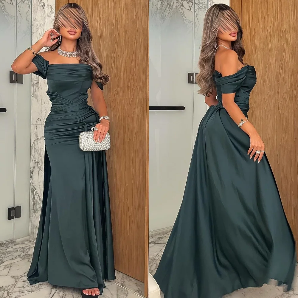 

Customized High Quality Classic Charmeuse Pleat Ruched A-line Off-the-shoulder Midi Dresses Bespoke Occasion Dresses Elegant