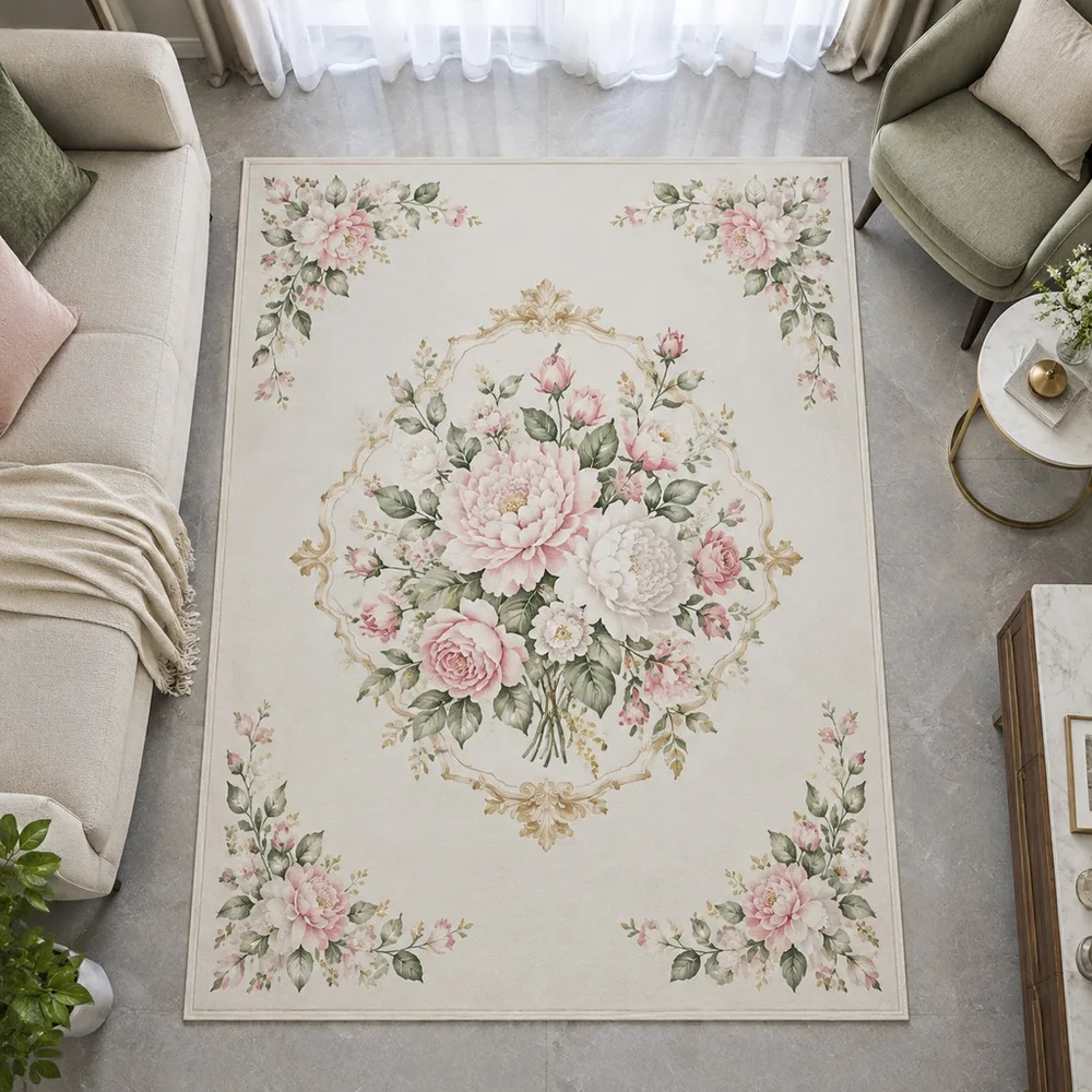 VIKAMA Rug Carpet Off White Peony Rose Bouquet Floral Thickened Easy Clean Entryway Sofa Guest Room Sunroom Modern Home Decor