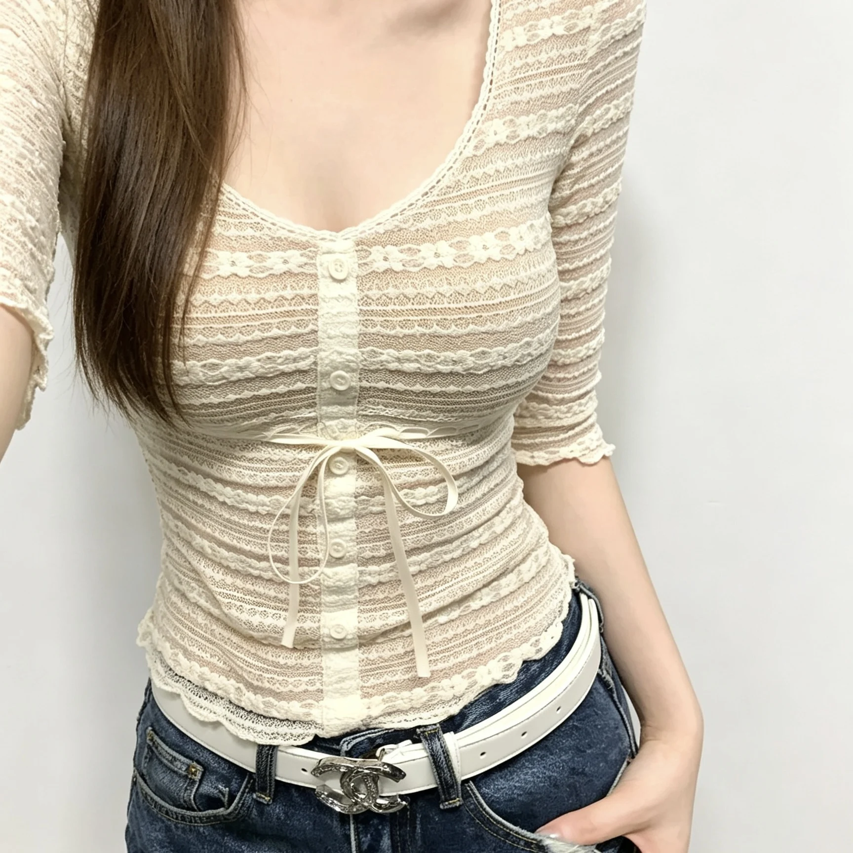 Women's Slim Fit Short Sleeve Chiffon Shirt with Belt Five Points Elasticity Self-Recommended Style for Autumn Fashionable