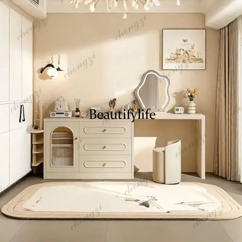 Simple Bedroom Vanity Table Modern Integrated Cream Makeup Desk Dresser Drawers Cabinet Corner Penteadeira Furniture Home