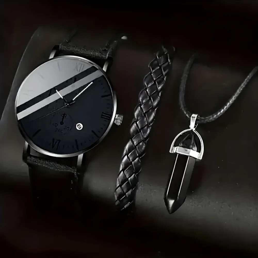 3PCS Fashion Roma Dial Men Business Watches Casual Leather Band Calendar Quartz Wristwatch Jewelry Set Reloj Hombre（Without Box）