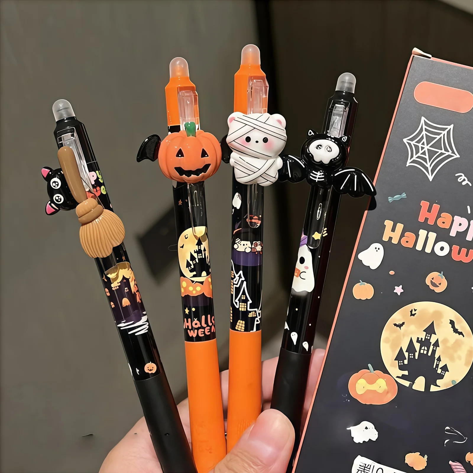 4pcs Halloween 3D Doll Hot erasable Pen Pumpkin Bat Cute Press Neutral Pen 0.5mm Student Homework Practice Pen
