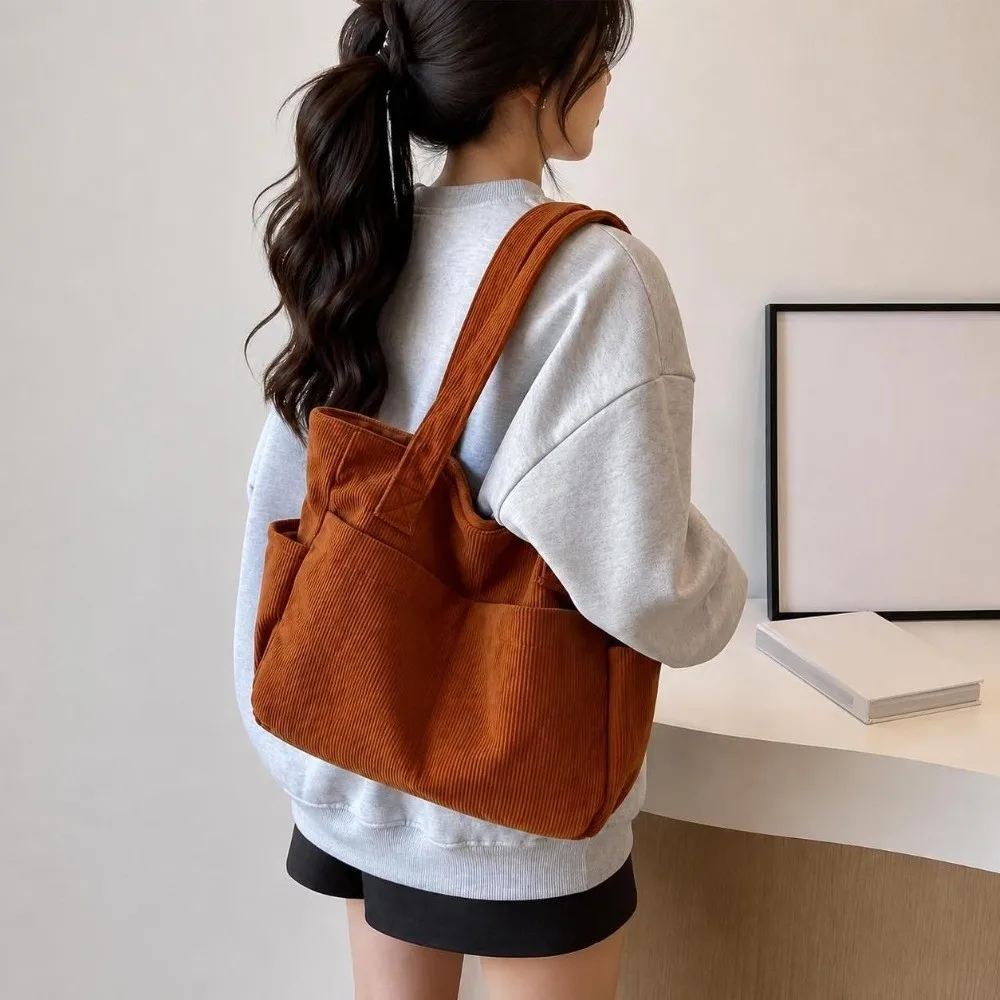 Durable Large Capacity Tote Bag Casual Versatile Striped Shoulder Bag Simple Zipper Handbag For Daily Use