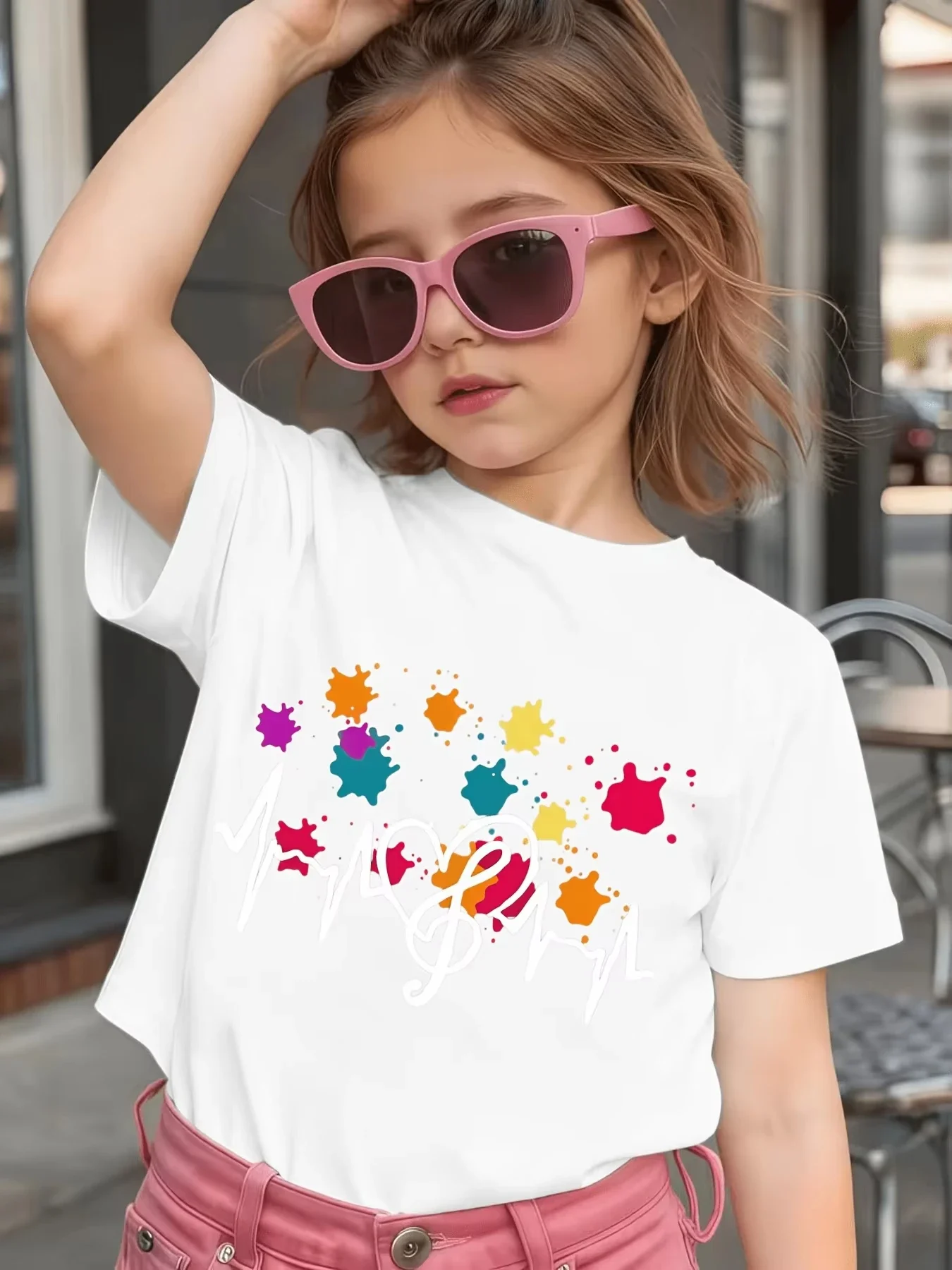 Youth Music Lover Graphic T Shirt Fashion Treble Clef Heartbeat Color Paint Splatter Print Short Sleeve Boys Girls Fashion Tee