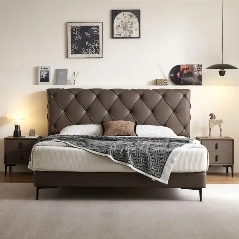 Flush edge pull button rhombus light luxury first layer cowhide simple modern minimalist master bedroom bed