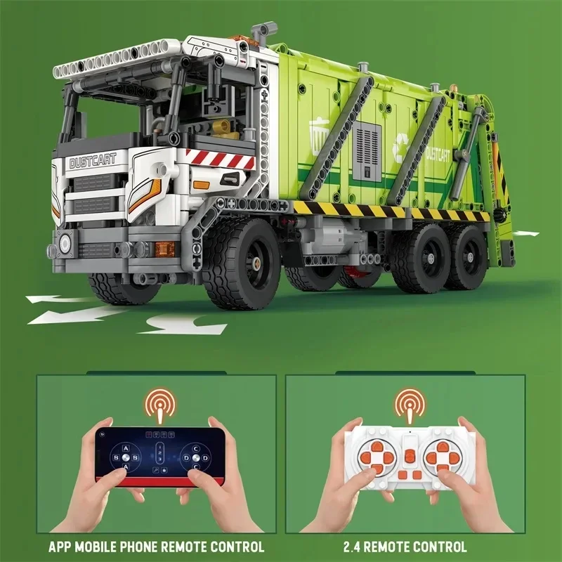 1468PCS Compressed Garbage Truck Building Blocks City Sanitation Technical Remote Control Car Bricks Toy For Kids Christmas Gift