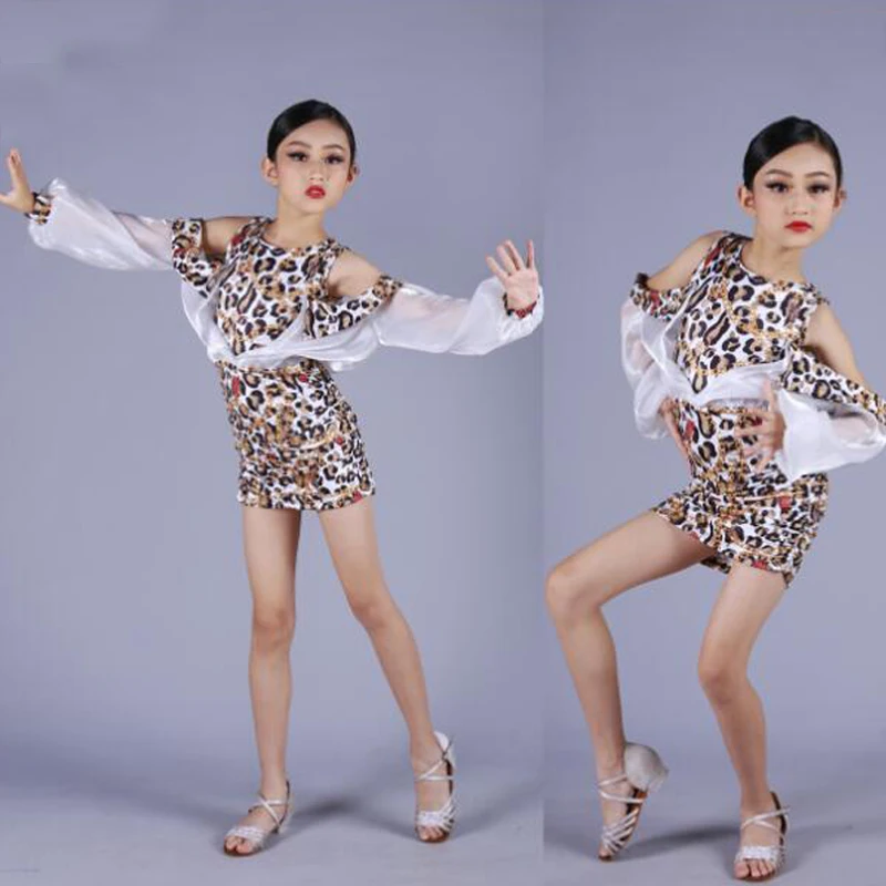 

Kids Latin Chacha Samba Latin Dance Costumes Girls Mesh Sleeves Leopard Latin Dance Dress Stage Competition Dancewear XS5876