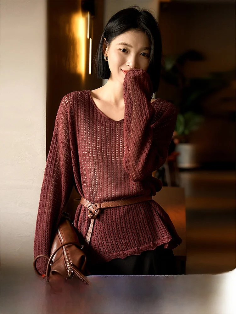 

Loose Fit V-Ne Knitted Sweater Hollow out Lazy Sensation Needlework Hollow V-Ne Knitwear Soft Lenzing Rayon Cotton Blend