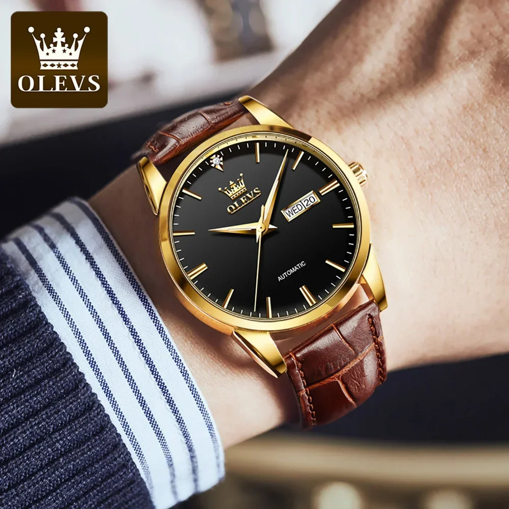 OLEVS Automatic Mechanical Watch for Men Classic Leather strap Men\'s Watch Date Week Waterproof Luminous Wristwatch Reloj Hombre