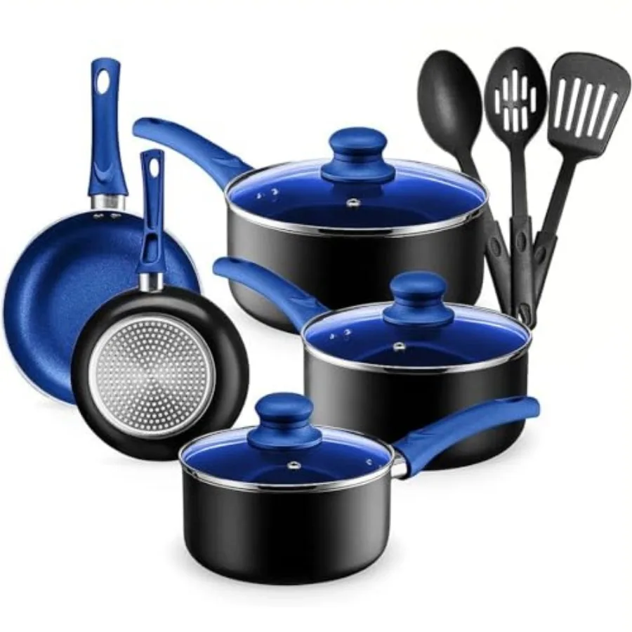 

Pots And Pans Set Kitchen Cookware Sets Nonstick Aluminum Cooking Essentials 11 Pieces Blue