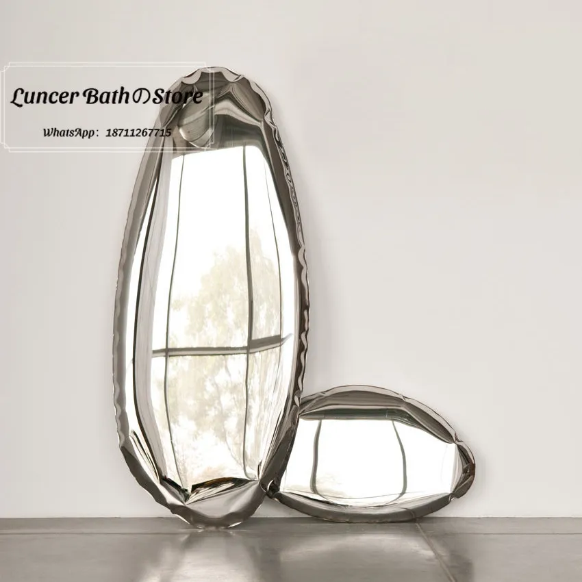 Designer Irregular Full Length Mirror, Nordic Style Stainless Steel Waterdrop Shaped Floor Mirror for Home