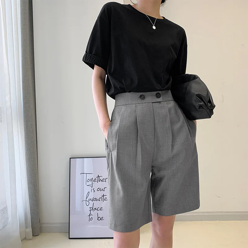 Spring Summer Fashion Ladies Wide Leg Suits Shorts Casual High Waist Double Button Solid Color Straight Office Lady Shorts Pants