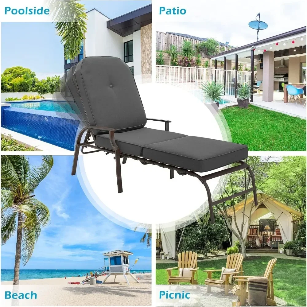 Adjustable Outdoor Chaise Lounge Chair Patio Lounge Chair Recliner Furniture with Armrest and Cushion for Deck, Poolside,（Grey）