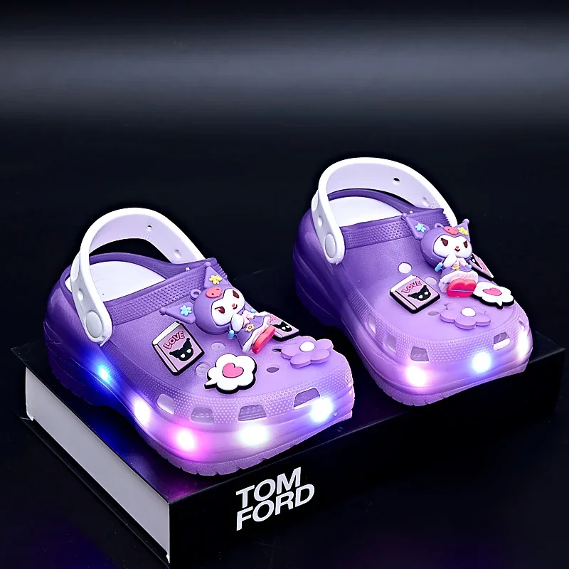 

Cartoon Purple Kuromi Sandals New Cool Glowing Thick Bottom Anti-Slip Children's Slippers Fashionable Headed Clog Shoes for Kids