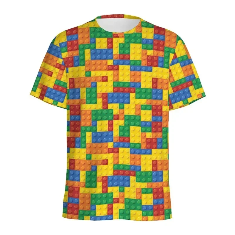 Retro Building Block 3D Printed T Shirt Men Jigsaw Puzzle Video Games Pattern T-shirt Loose Street Short Sleeve Y2k Tees