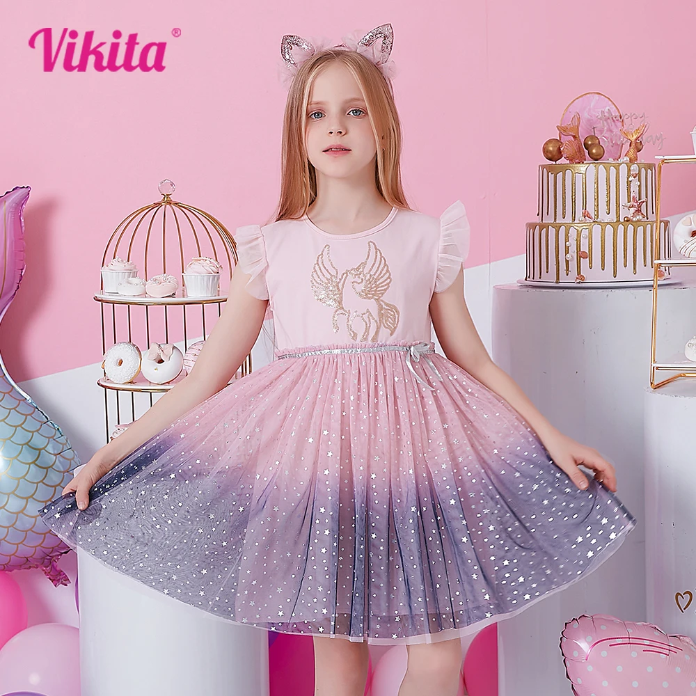 VIKITA Girls Summer Dress Kids Party Prom Princess Dresses Children Unicorn Mermaid Cartoon Clothes Girls Casual Vestidos