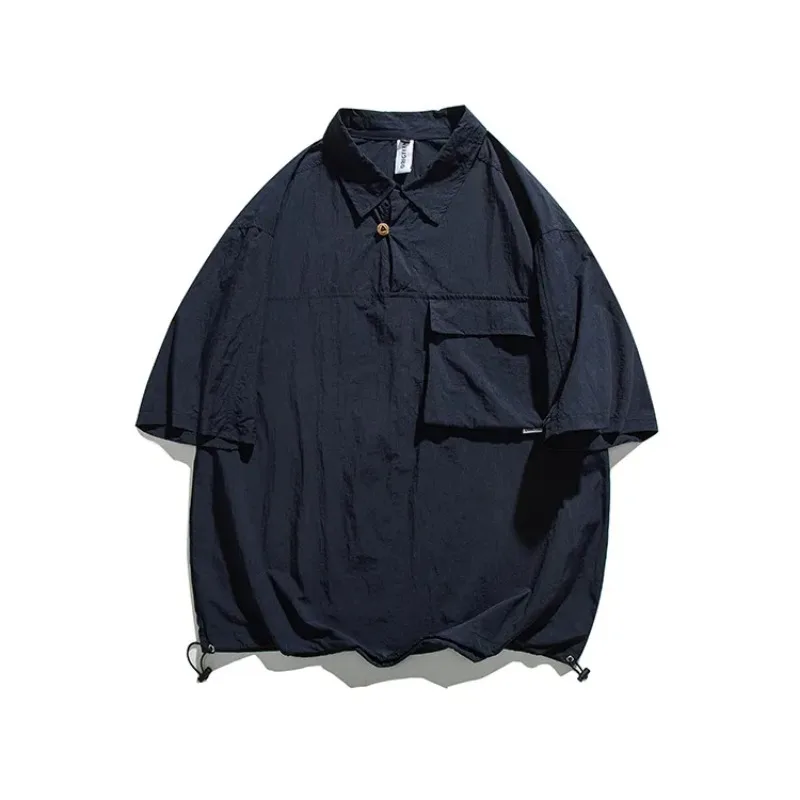 Oversized Black Half Zip Shirts For Men Japanese Style Loose Fit Short Sleeve Shirt With Pocket And Drawstring Hem
