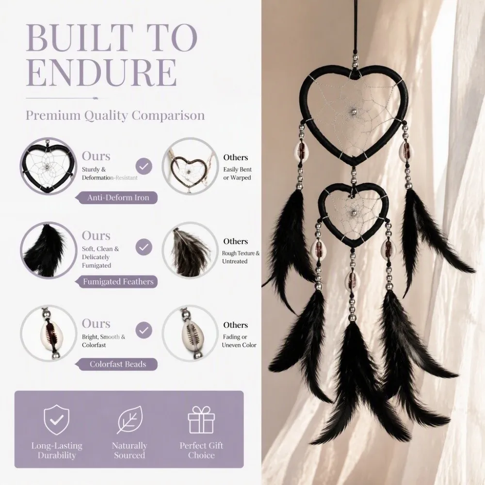 15.75inch Dream Catcher Wall Decor Black Boho Aesthetic Hanging Dream Catcher Net Craft Heart-Shaped Dream Catcher Ornament