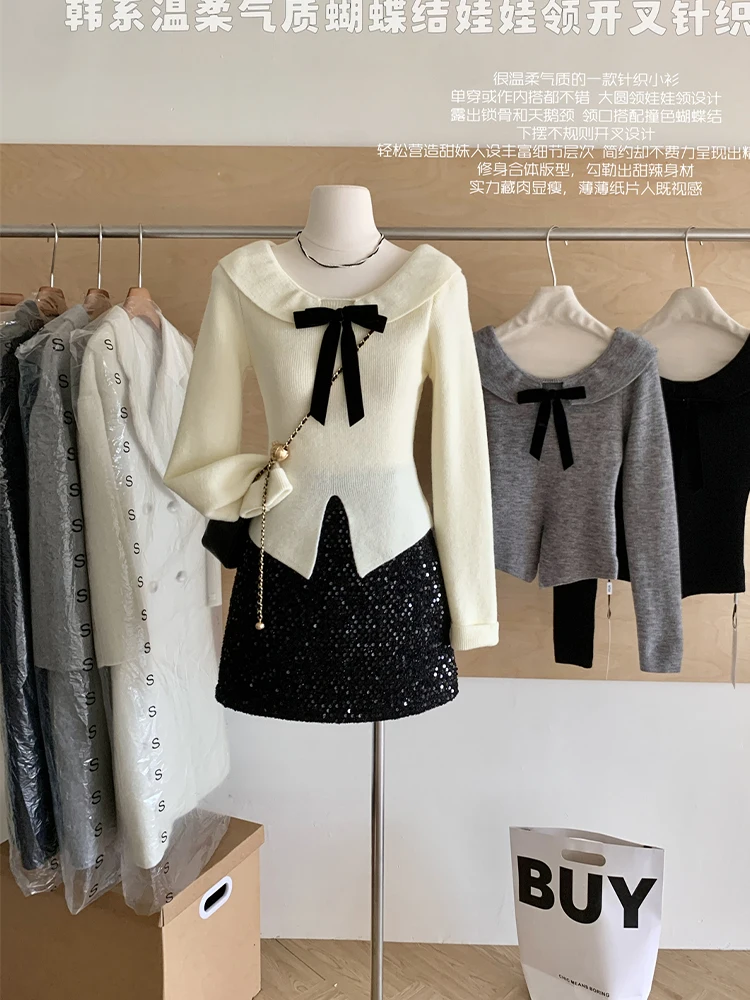 Fall Winter Women Shoujo Girl Long Sleeve Pullovers Crop Sweater Cuddly Knitwear 2000s Aesthetic Korean Fashion Sweet Jumper