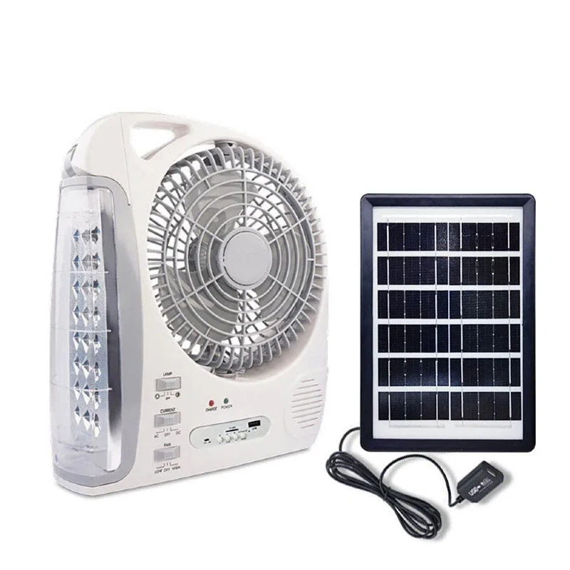 

6-in-1 Portable Fan with LED Light Solar Powered Rechargeable 2 Wind Speed and Brightness Adjustable Electric Outdoor Fan