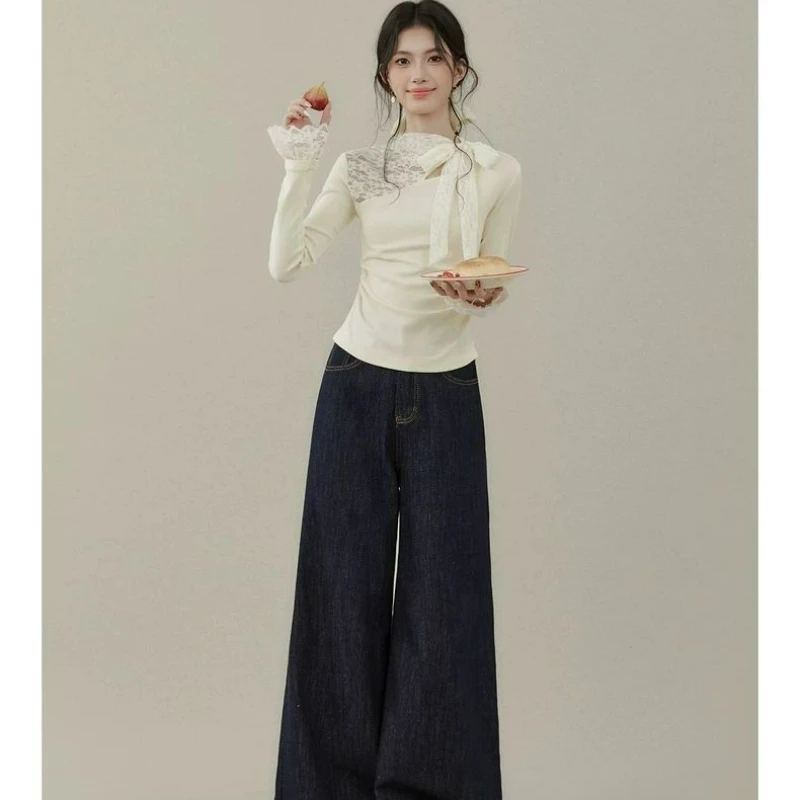 

2026 Spring Autumn New Fashion Elegance Pure Color Bowknot Base Layer Top Lace Crochet Long-sleeved Knitted T-shirt for Women's