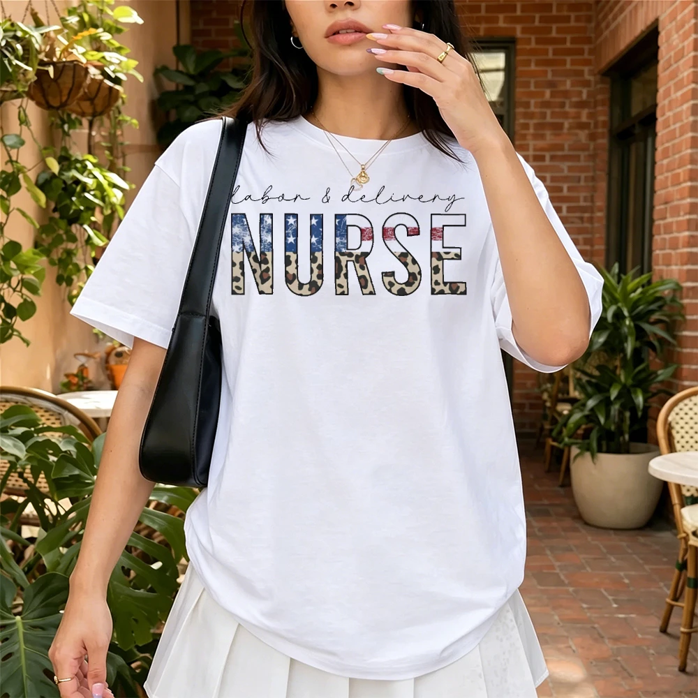 Labor and Delivery Nurse Us Flag Leopard Print Women Work T Shirt Hospital Uniform Casual Top Professional Daily Wear for Nurses