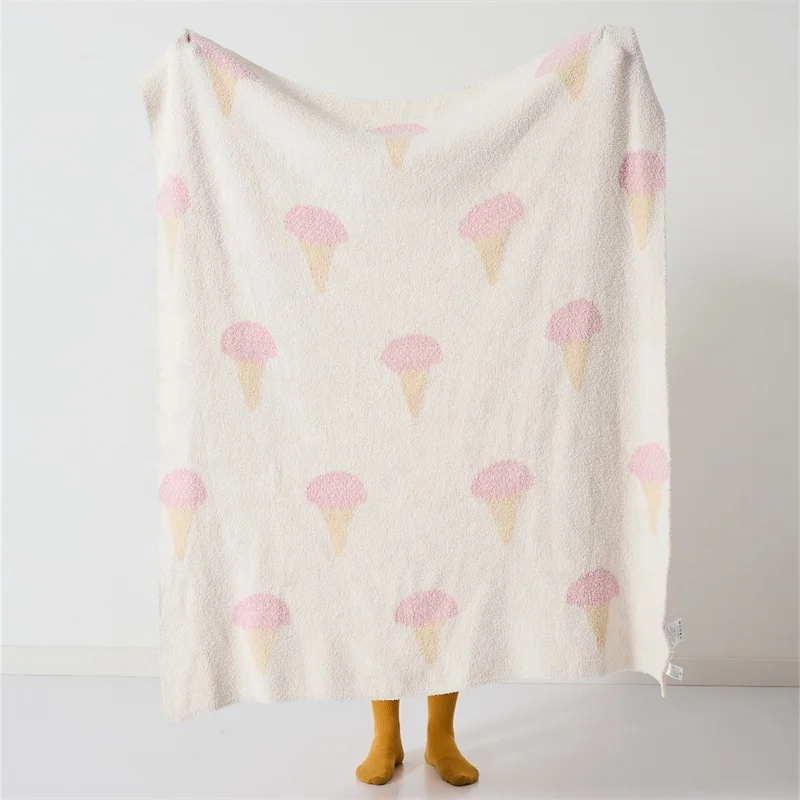 Accept Custom 100% Polyester Pink Cartoon Ice Cream Jacquard  Knitted Throw Blanket for  Children Gift  and Home Decoration  BJL