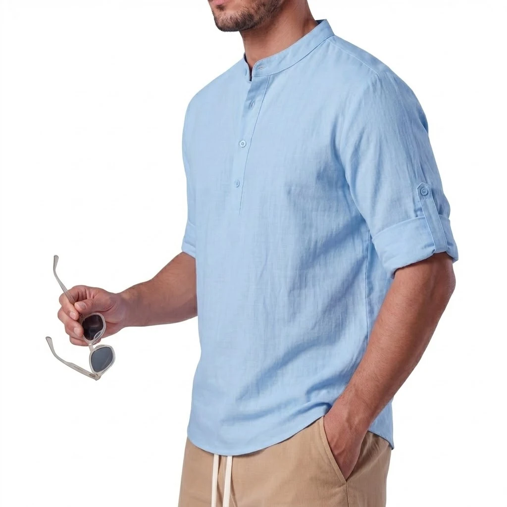 New Cotton Linen Shirt Man Luxury Casual T-Shirts for Men Long Sleeve Henley Shirts Summer Hawaiian Shirt Gym Man Collar Tee