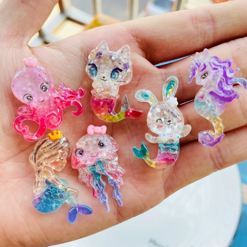 10 Pcs New Cute Shiny Cartoon Animal Mermaid Flat Back Resin Scrapbooking DIY Jewelry Earwear Craft Decoration Accessories A75