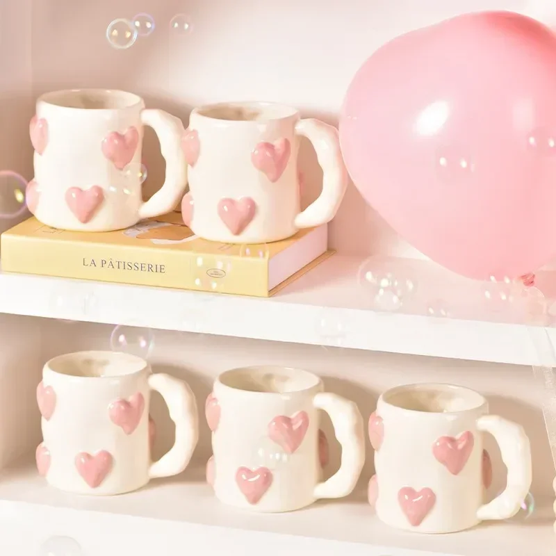 Juego de tazas de café de cerámica rosa con corazón lindo, Juego de vasos de cocina, regalo de cumpleaños, decoración del hogar, taza de amor