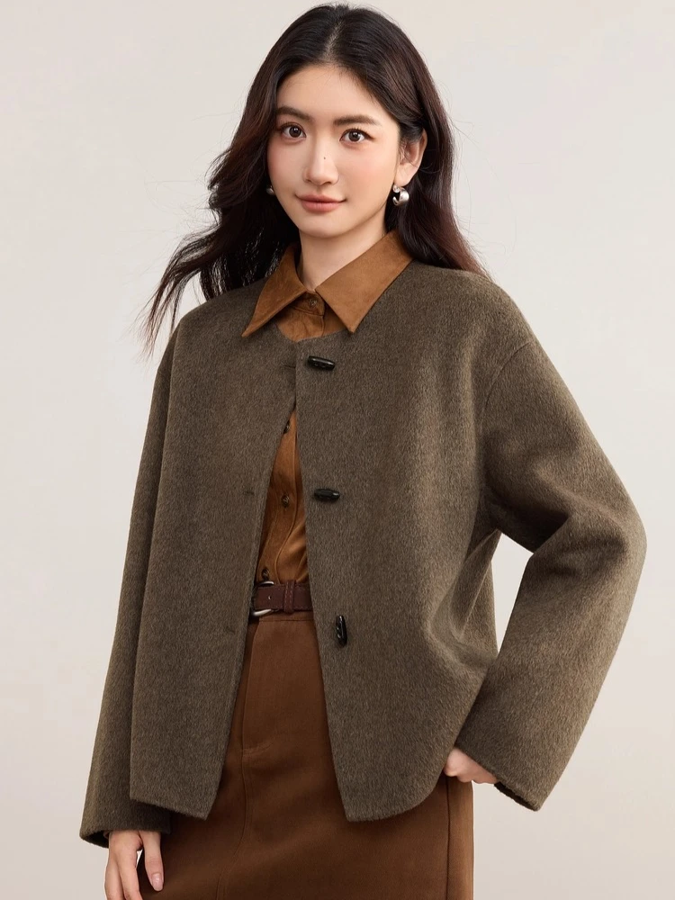 

SENTUBILA Women's Woolen Jacket 2025 Winter O-neck Long Sleeve Down Jackets Toggle Buttons Outerwears Female Clothing W54OG1878