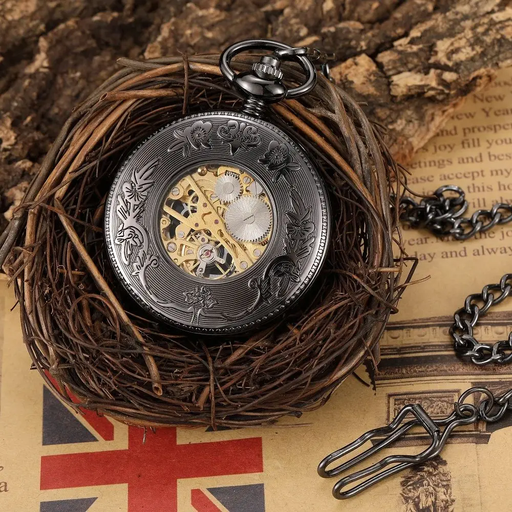 Luxury Vintage Hollow Hand-Wind Mechanical Pocket Watch Steampunk Skeleton Men Watches Arabic Numerals Clock Chain Reloj Hombre