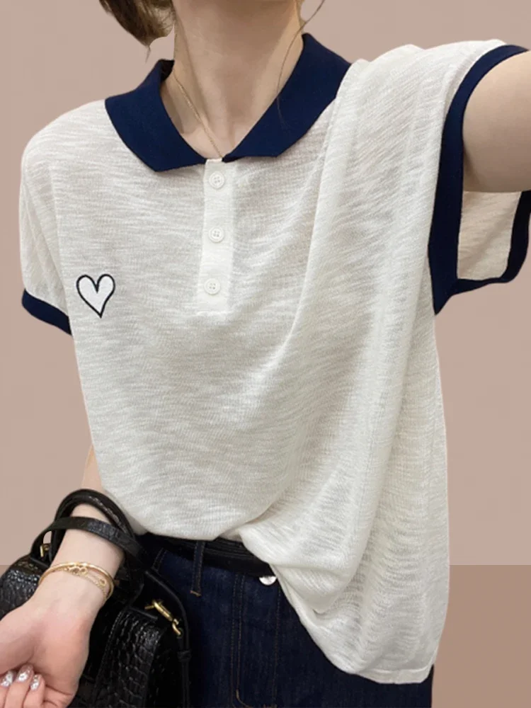 2024 Summer New Polo shirt women Lapel Knit Ice Silk Short sleeve T-shirt Belly Covering Top T-shirt E4932