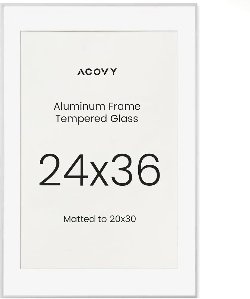 Aluminum 24x36 Poster Frame Picture Frame with White Mat for 20x30, HD Tempered Glass, Metal Photo Frame for Tabletop or Wall