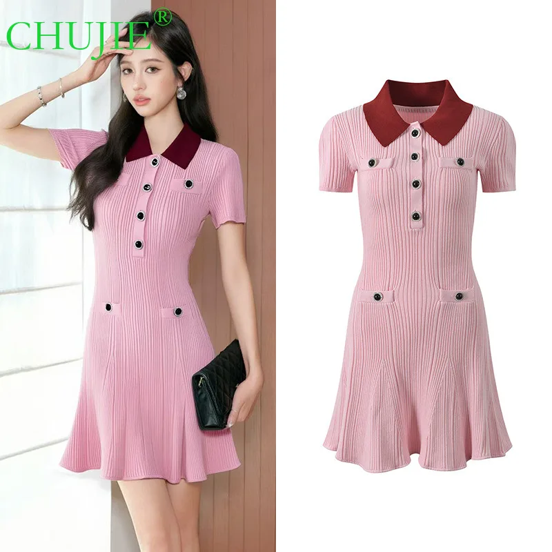 

CHUJIE Fall 2025 Платье в рубчик во французском стиле, мини-платье с воротником и короткими рукавами, мягкий молодежный облегающий трикотаж