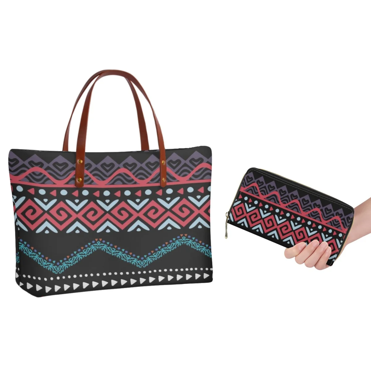 

FORUDESIGNS Combo Tote Plus Leather Wallet Zipper Set Vintage Original Durable Tote Two Piece Bag Tribal Print Pattern Commuting