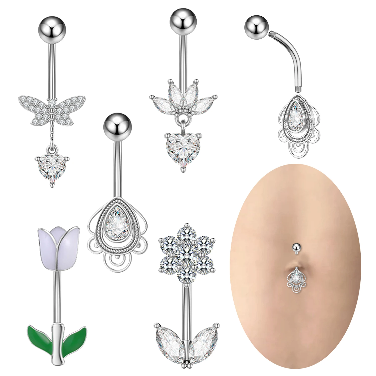 Anéis De Umbigo De Aço Inoxidável Para As Mulheres, Piercing No Umbigo Jóias, Borboleta, Asa, Flor, Zircão, Dangle