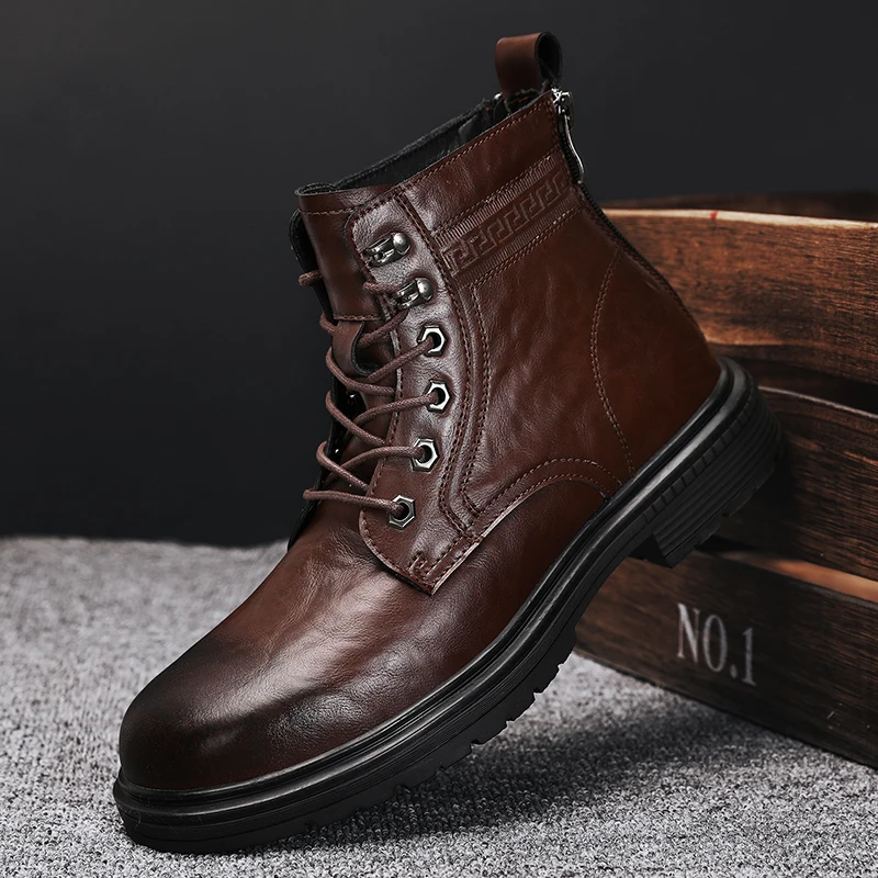 men boots lace up Designer Vintage Men Snow Boots plush warm Business Genuine Leather Men Boots Lace Up Outdoor Motorcycle Boots