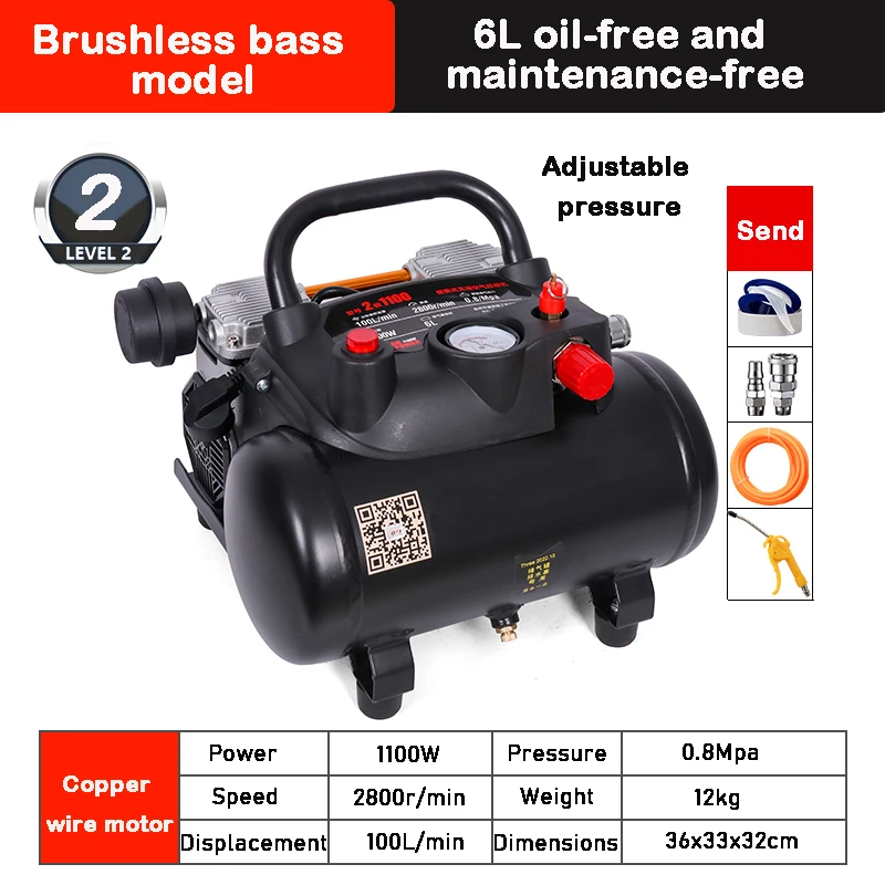 220V 1100W 8L Small Air Compressor 6L Oil-free Silent High Pressure Industrial Air Compressor Portable Woodworking Air Pump