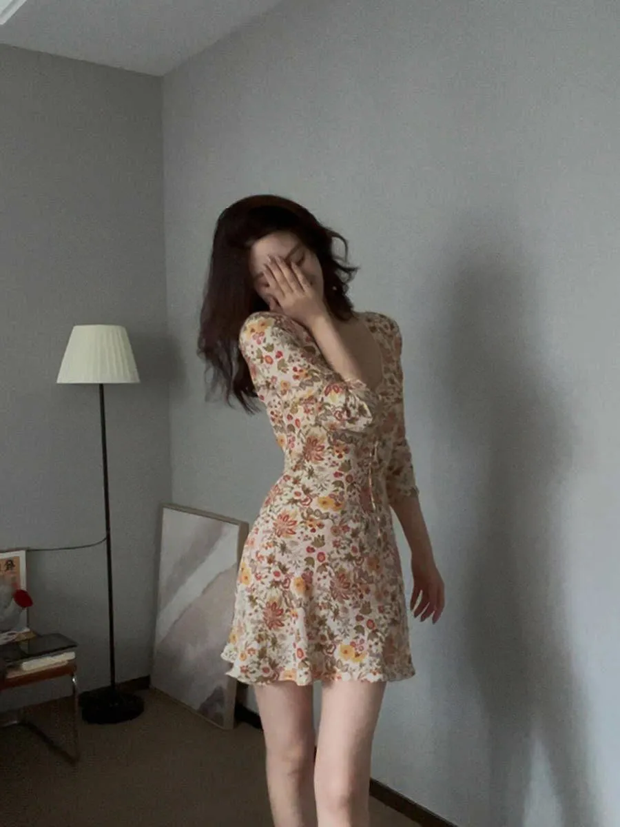

plus Size Women's Beautiful V-Neck Floral Print Long Sleeve Dress Slimming Short A-Line Skirt Casual Summer Fashion Dress