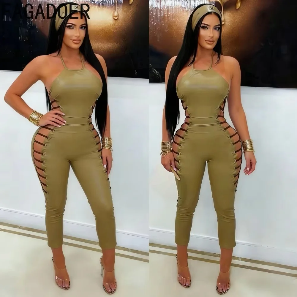 FAGADOER Sexy Hollow-out Patchwork Bodycon Jumpsuit Women Halter Sleeveless Backless Rompers Female Party Clubwear Overalls New