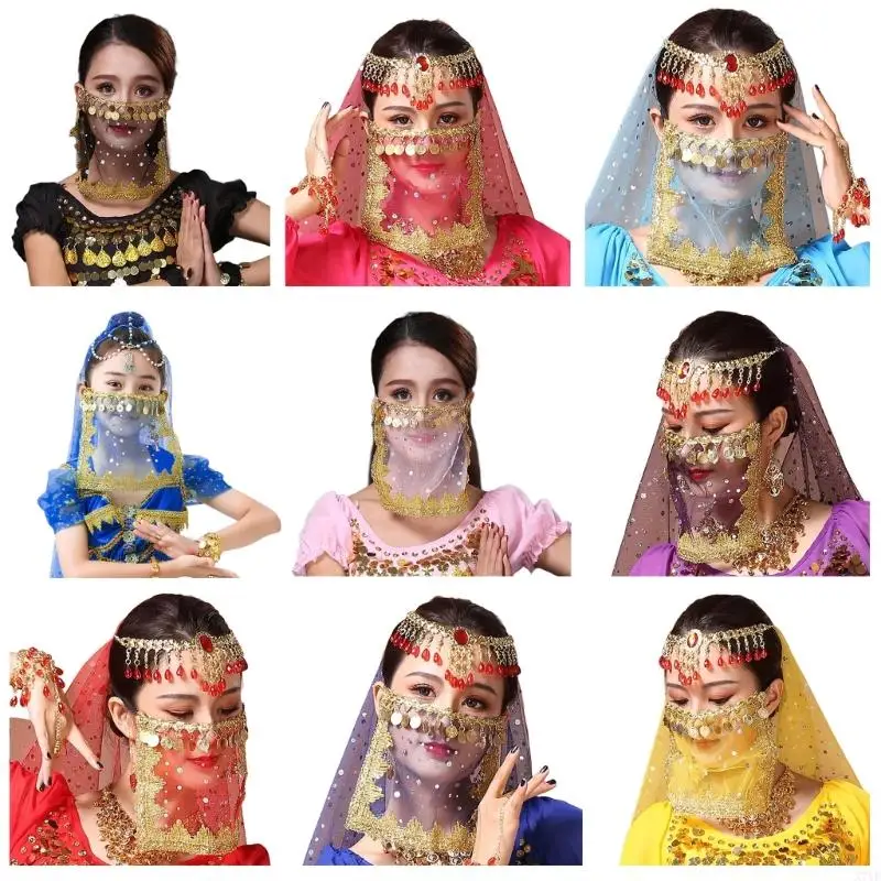 

N7YF Women Party Scarf Belly Dance Face Veil Half Face Veil with Coin for Belly Dance