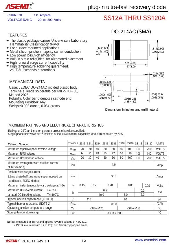 SS110 Schottky Diode, SMA, l'autorisation, 100V, ASEMI, tout neuf, 100 pièces