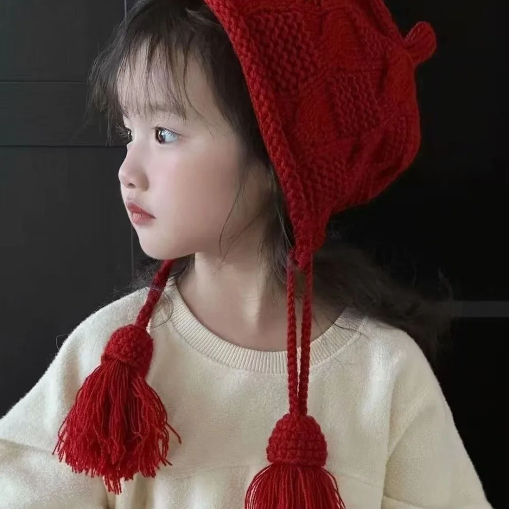 Lindo sombrero de lana tejido a prueba de viento borla con cordones diseño jersey sombrero cálido sombrero invierno